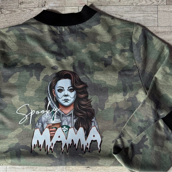 Spooky Mama, Coffee & Halloween Theme, Camo Bomber Style Jacket - Picture 11 of 16